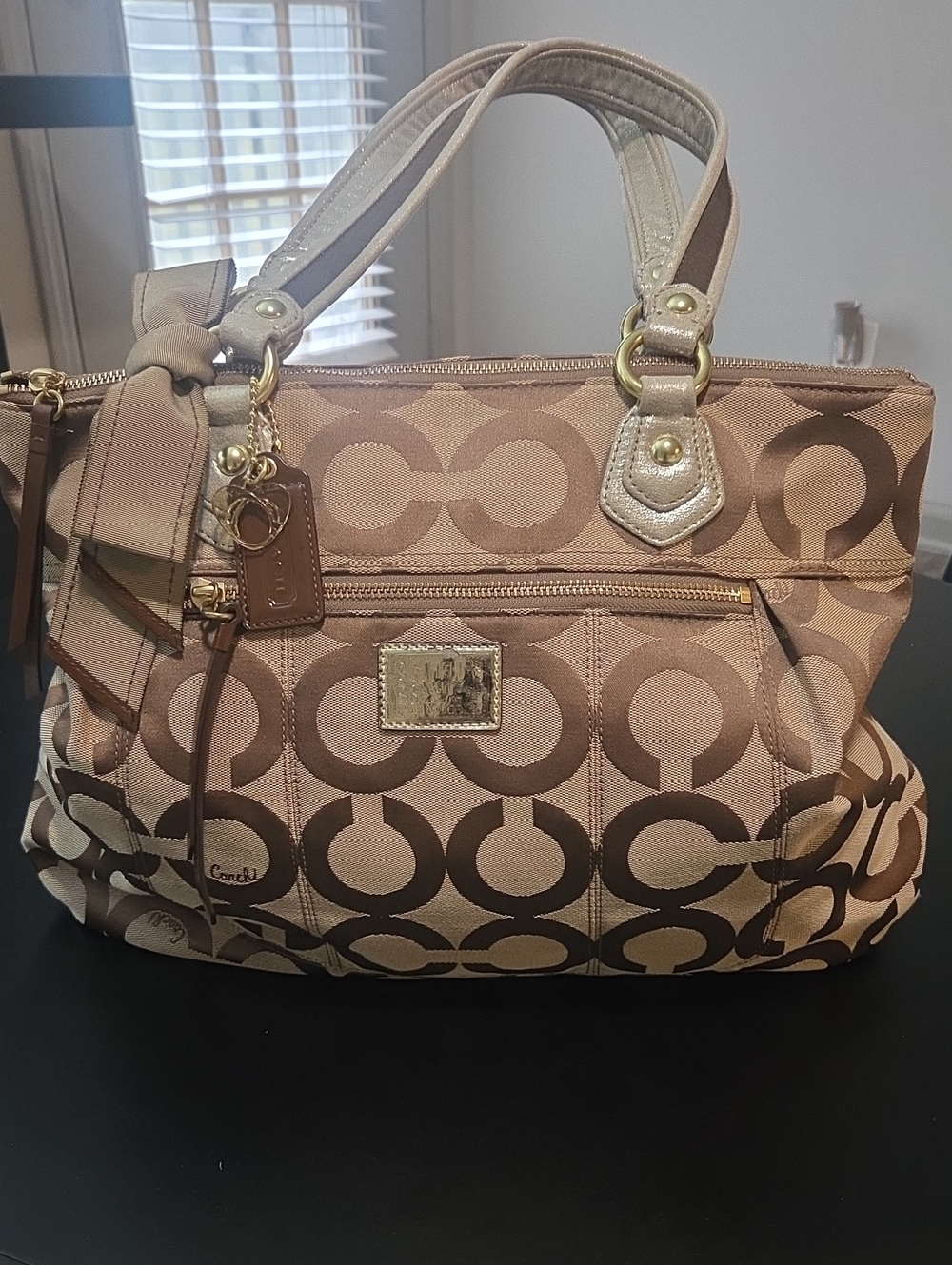 Coach Tan and Brown Signature Tote with Gold Accents